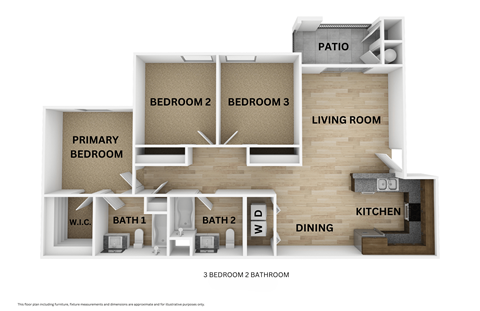 Floor plan for 3 beds, 2 baths, 1057 sqft